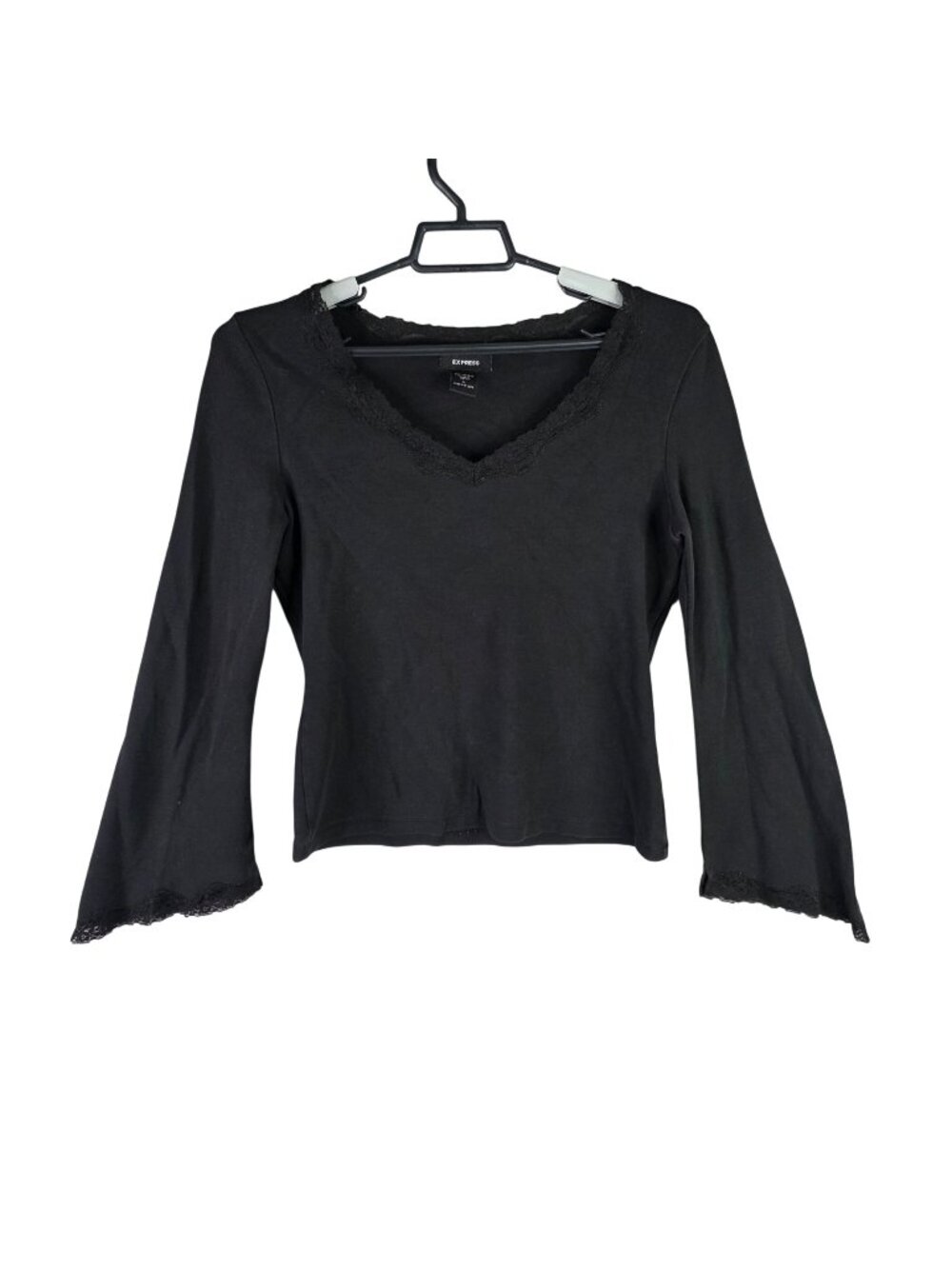 Womens Express Black Lace Trim V-Neck Top Long Sleeve Cotton Blend Stretch L